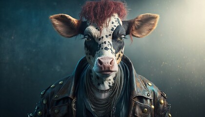 Punk animals. Cow with punk aesthetic. Cow dressed as punk. Cow with punk accessories. Generated by AI.
