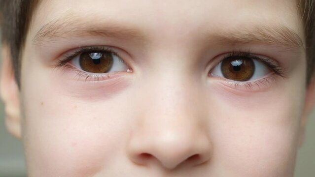 The look of a 5-year-old serious boy looking into the camerA, brown eyes