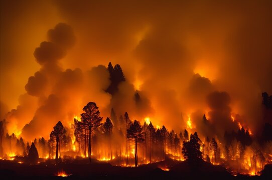 Forest fire: A forest is burning strongly. Fire and smoke can be seen everywhere.