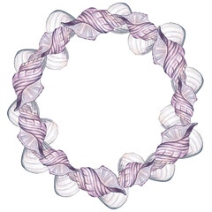 Round frame for seashells and scallops in a romantic style, isolate. Watercolor illustration.