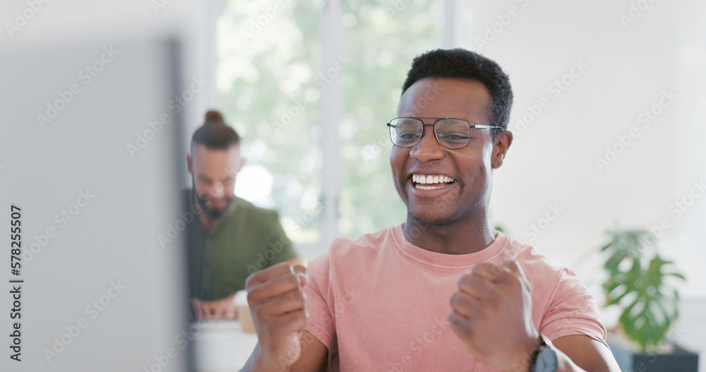 Aufkleber Computer, celebration and excited black man happy for ERP software, cyber security system or coding success. Information technology, ai developer or programmer cheer for code programming achievement