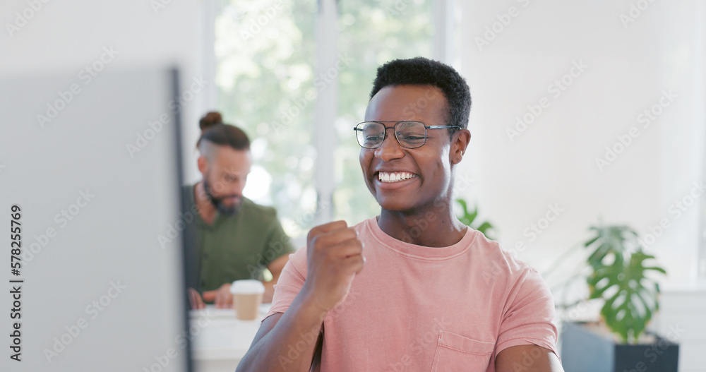 Wall mural Computer, celebration and excited black man happy for ERP software, cyber security system or coding success. Information technology, ai developer or programmer cheer for code programming achievement