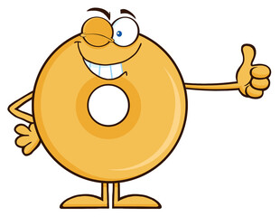 Winking Donut Cartoon Character Giving A Thumb Up. Hand Drawn Illustration Isolated On Transparent Background