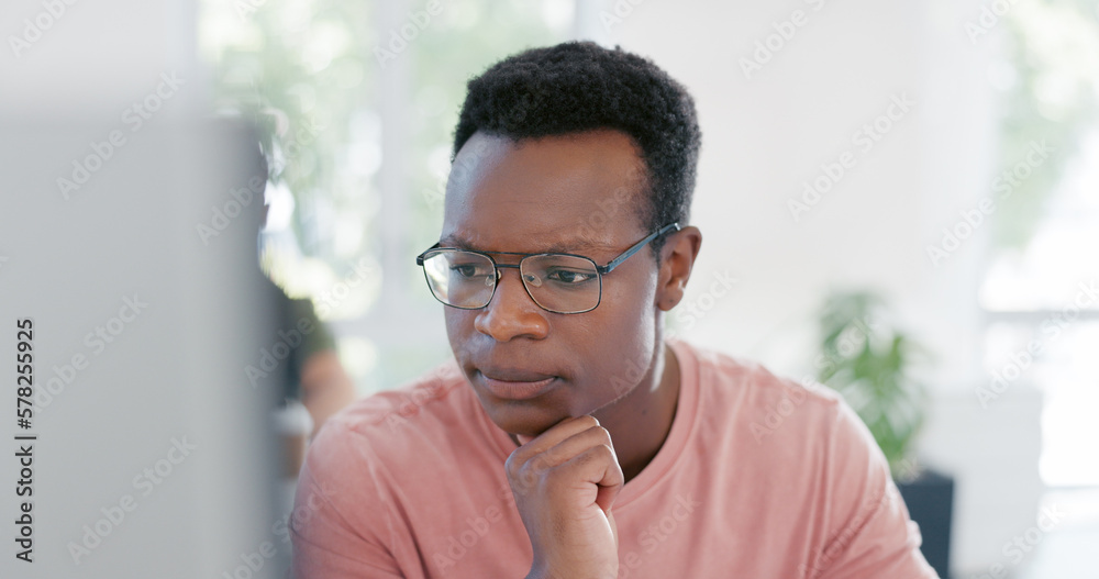Fototapete Thinking, idea or black man computer solution for 404 programming glitch or erp coding error. Information technology, developer or programmer repair cloud computing code or cyber security software