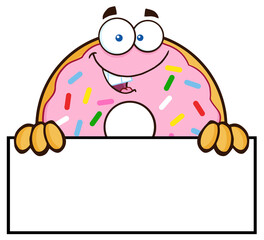 Donut Cartoon Character With Sprinkles Over A Sign. Hand Drawn Illustration Isolated On Transparent Background