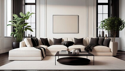 This is an image of a minimalist living room with a cozy beige couch as the focal point. The overall look is simple yet stylish, with clean lines and a neutral color scheme.
