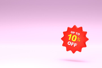 3D Rendering. 10 percent discount icon and free space for texting on pastel pink background. Special Offer 10% Discount Tag. Super sale offer and best seller.