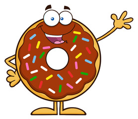 Cute Chocolate Donut Cartoon Character With Sprinkles Waving. Hand Drawn Illustration Isolated On Transparent Background