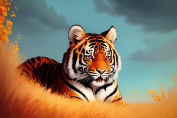 Digital painting of Beautiful tiger relaxing on warm day, Colorful magic tiger, cartoon style drawing, generative ai art illustration