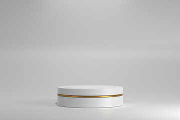 white cylinder podiums with golden line on an isolated background, white geometric, round realistic pedestal, cosmetic showcase, template, copy space, advertising, product display, 3D Rendering