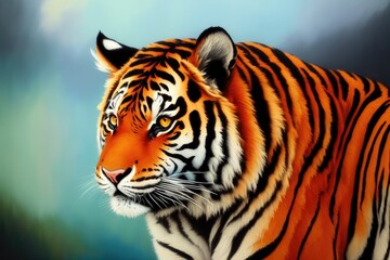 Digital painting of Beautiful tiger relaxing on warm day, Colorful magic tiger, cartoon style drawing, generative ai art illustration