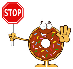 Smiling Chocolate Donut Cartoon Character With Sprinkles Holding A Stop Sign. Hand Drawn Illustration Isolated On Transparent Background