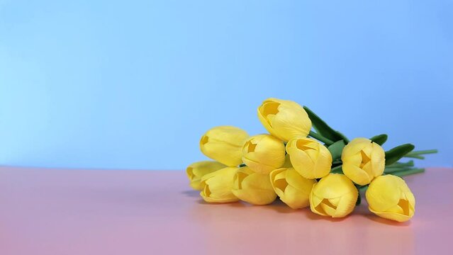 An image of beautiful yellow tulips with a place for text on a pink background