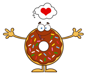 Chocolate Donut Cartoon Character With Sprinkles Thinking Of Love And Wanting A Hug. Hand Drawn Illustration Isolated On Transparent Background