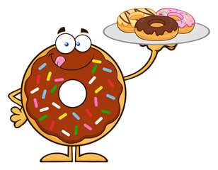 Chocolate Donut Cartoon Character Serving Donuts. Hand Drawn Illustration Isolated On Transparent Background