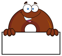Chocolate Donut Cartoon Character With Over A Sign. Hand Drawn Illustration Isolated On Transparent Background