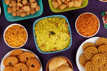 Indian Festival Diwali Snacks Namkeen Top View in Purple Background