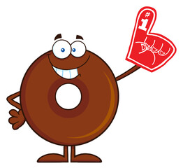 Smiling Chocolate Donut Cartoon Character Wearing A Foam Finger. Hand Drawn Illustration Isolated On Transparent Background