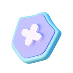 Obraz premium Purple shield with a plus sign in cartoon realistic style. Medical concept. Protection against various diseases and viruses. 