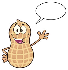 Funny Peanut Cartoon Mascot Character Waving. Hand Drawn Illustration Isolated On Transparent Background