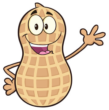 Funny Peanut Cartoon Mascot Character Waving. Hand Drawn Illustration Isolated On Transparent Background