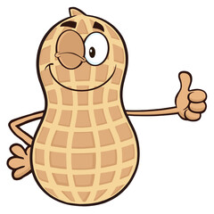 Funny Winking Peanut Cartoon Mascot Character Giving A Thumb Up. Hand Drawn Illustration Isolated On Transparent Background