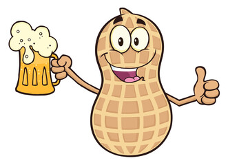 Funny Peanut Cartoon Mascot Character Holding A Beer And Thumb Up. Hand Drawn Illustration Isolated On Transparent Background