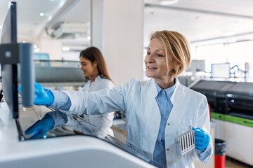 Portrait of a young female laboratory assistant making analysis with test tubes and analyzer machines sitting at the modern laboratory