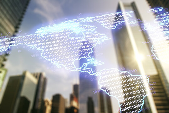 Double exposure of graphic America map hologram on blurry cityscape background, big data and digital technology concept