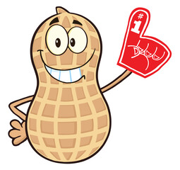 Funny Peanut Cartoon Mascot Character Wearing A Foam Finger. Hand Drawn Illustration Isolated On Transparent Background