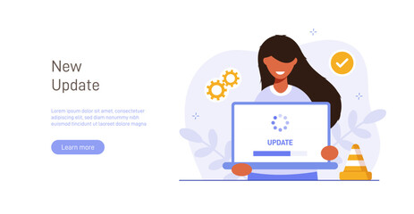 System or web application upgrade procedure. Concept of software version update or renewal process indication. Man and phone. Flat colorful vector illustration for banner, poster. 