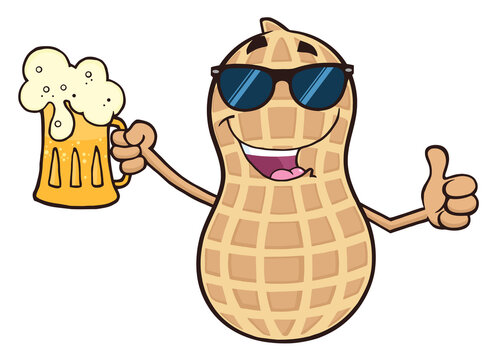 Funny Peanut Cartoon Mascot Character Holding A Beer And Thumb Up. Hand Drawn Illustration Isolated On Transparent Background