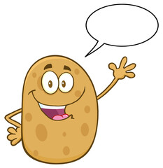 Happy Potato Cartoon Character Waving With Speech Bubble. Hand Drawn Illustration Isolated On Transparent Background