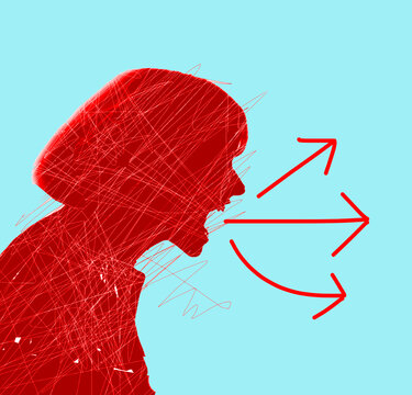 Illustration of red arrows coming out of mouth of screaming woman
