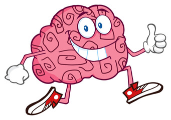 Smiling Brain Cartoon Character Jogging And Giving A Thumb Up. Hand Drawn Illustration Isolated On Transparent Background