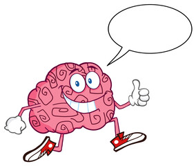 Smiling Brain Cartoon Character Jogging And Giving A Thumb Up. Hand Drawn Illustration Isolated On Transparent Background