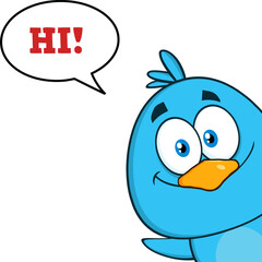 Smiling Blue Bird Cartoon Character Looking From A Corner With Speech Bubble And Text. Hand Drawn Illustration Isolated On Transparent Background