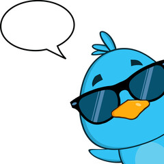 Cute Blue Bird With Sunglasses Cartoon Character Looking From A Corner With Speech Bubble. Hand Drawn Illustration Isolated On Transparent Background
