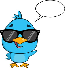 Funny Blue Bird With Sunglasses Cartoon Character Waving With Speech Bubble. Hand Drawn Illustration Isolated On Transparent Background