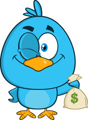 Winking Blue Bird Cartoon Character Holding A Bag Of Money. Hand Drawn Illustration Isolated On Transparent Background