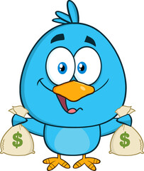 Happy Blue Bird Cartoon Character Holding A Bags Of Money. Hand Drawn Illustration Isolated On Transparent Background