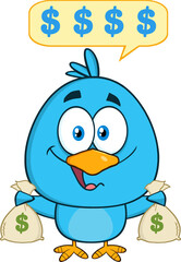 Happy Blue Bird Cartoon Character Holding A Bags Of Money With Speech Bubble. Hand Drawn Illustration Isolated On Transparent Background