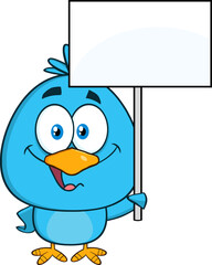 Cute Blue Bird Cartoon Character Holding Up A Blank Sign. Hand Drawn Illustration Isolated On Transparent Background