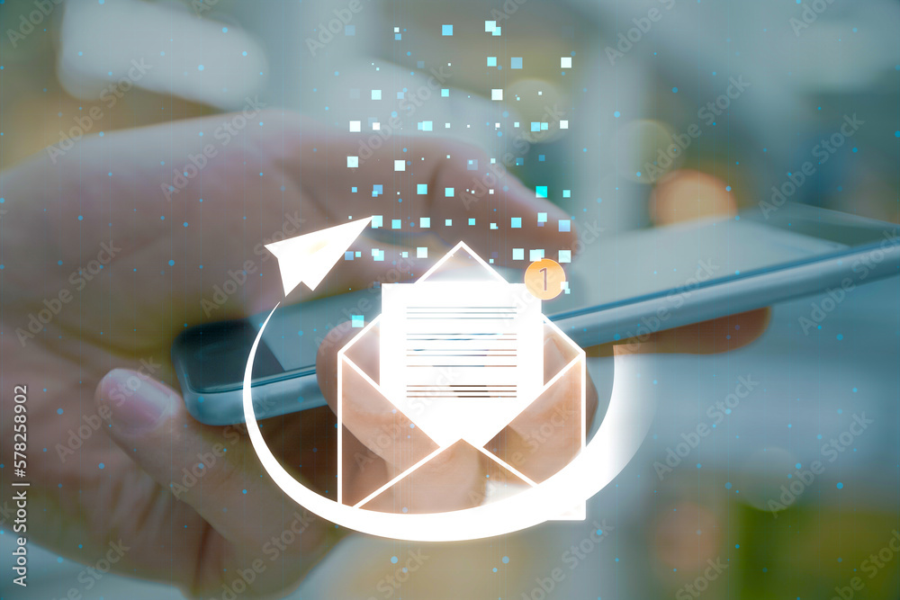 Aufkleber Mobile mail application, communication and e-mail concept with digital envelope with notification alert and paper plane on man hand using smartphone background, double exposure