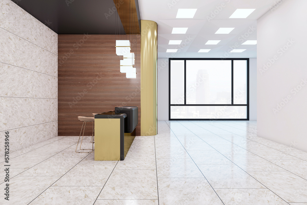 Poster Side view on spacious business center office hall with stylish dark and golden reception desk, light glossy floor and city view from big windows on background. 3D rendering