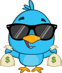 Cute Blue Bird With Sunglasses Cartoon Character Holding A Bags Of Money. Hand Drawn Illustration Isolated On Transparent Background