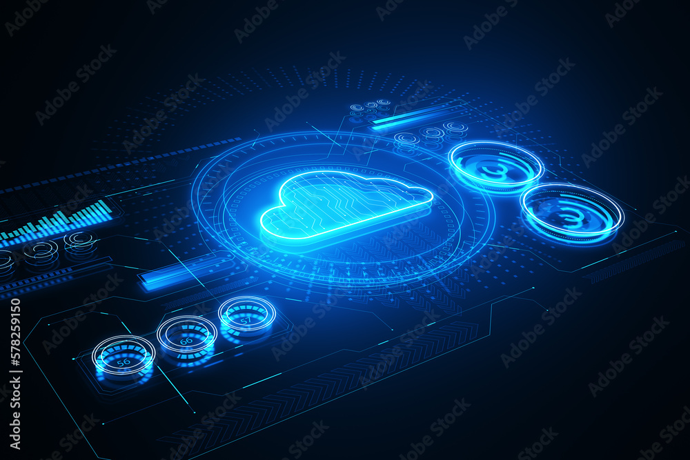 Poster Glowing cloud computing hologram on dark background. 3D Rendering.