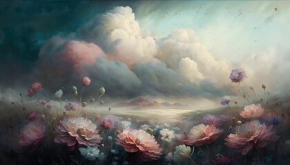 landscape with clouds and flowers background generative AI