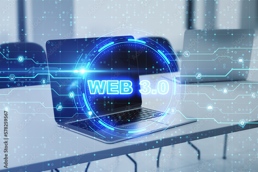 Poster Web 3.0 new internet future distributed block chain technology concept. Close up of laptop computer on office desktop. Double exposure.