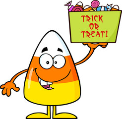 Smiling Candy Corn Cartoon Character Holds A Box With Candy And Text. Hand Drawn Illustration Isolated On Transparent Background